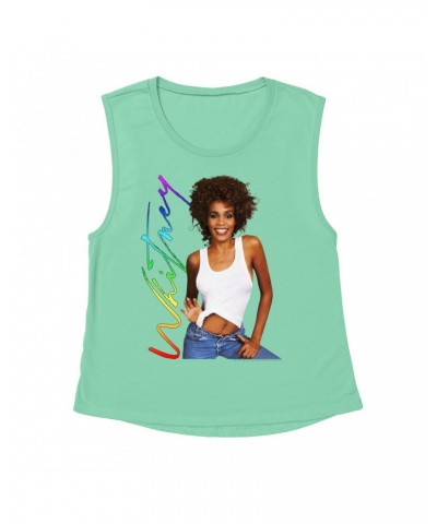 Whitney Houston Ladies' Muscle Tank Top | 1987 Album Photo Rainbow Signature Image Shirt $19.39 Shirts